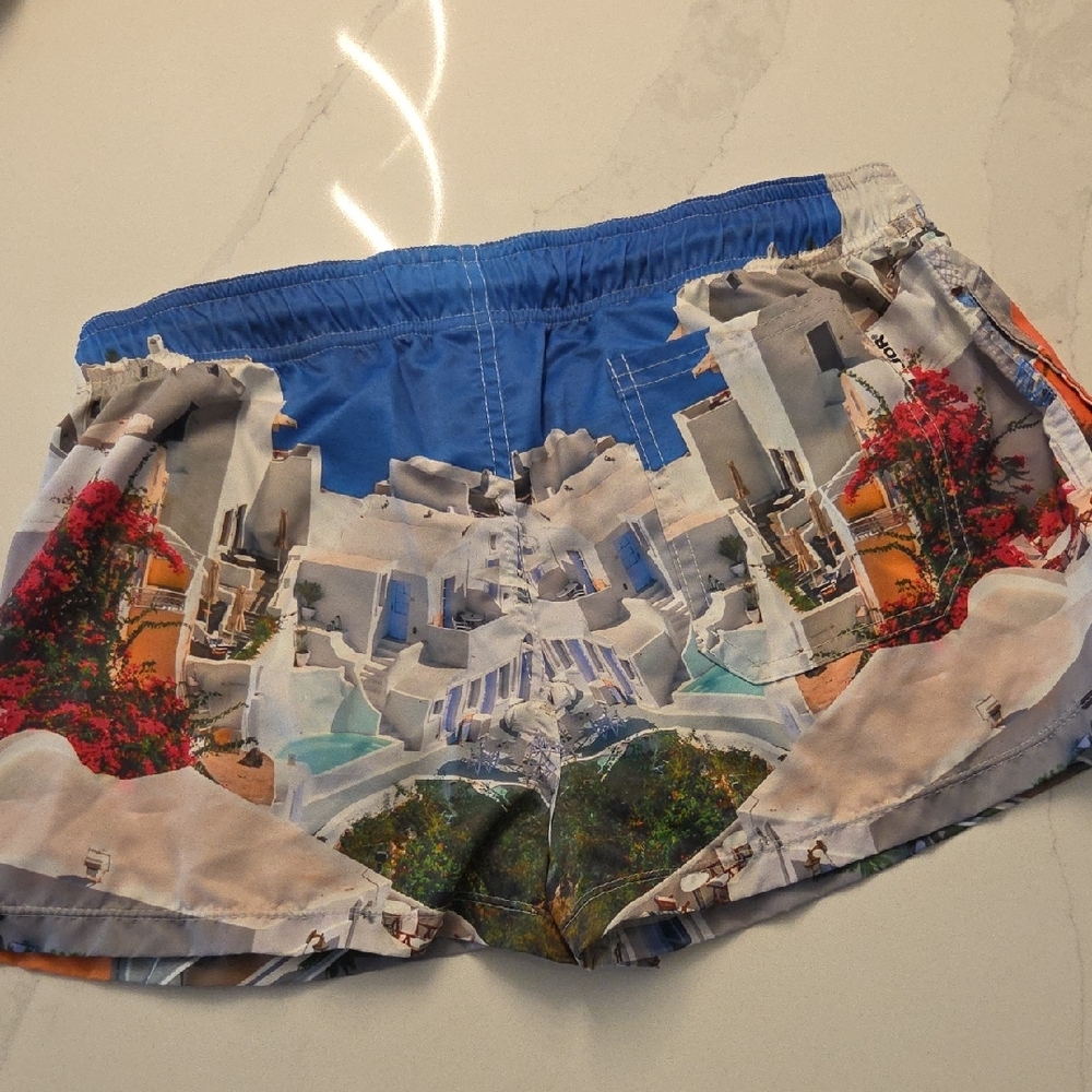 Scenic Print Men's Swim Trunks in Orange & Blue - Picture 2 of 6